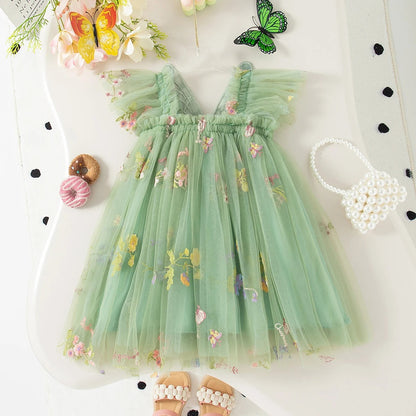 Girls' Dress Summer Floral Mesh Little Flying Sleeve Baby Girl Dress