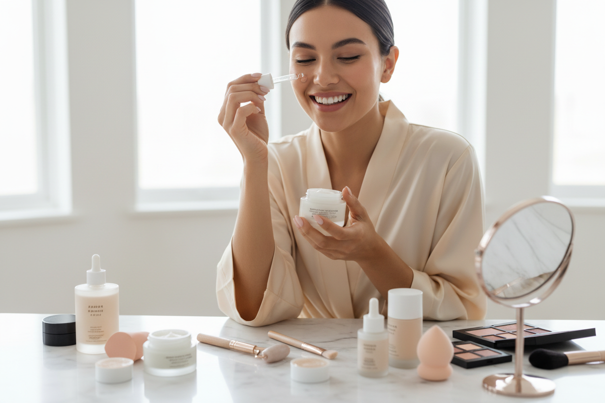 Woman using beauty products